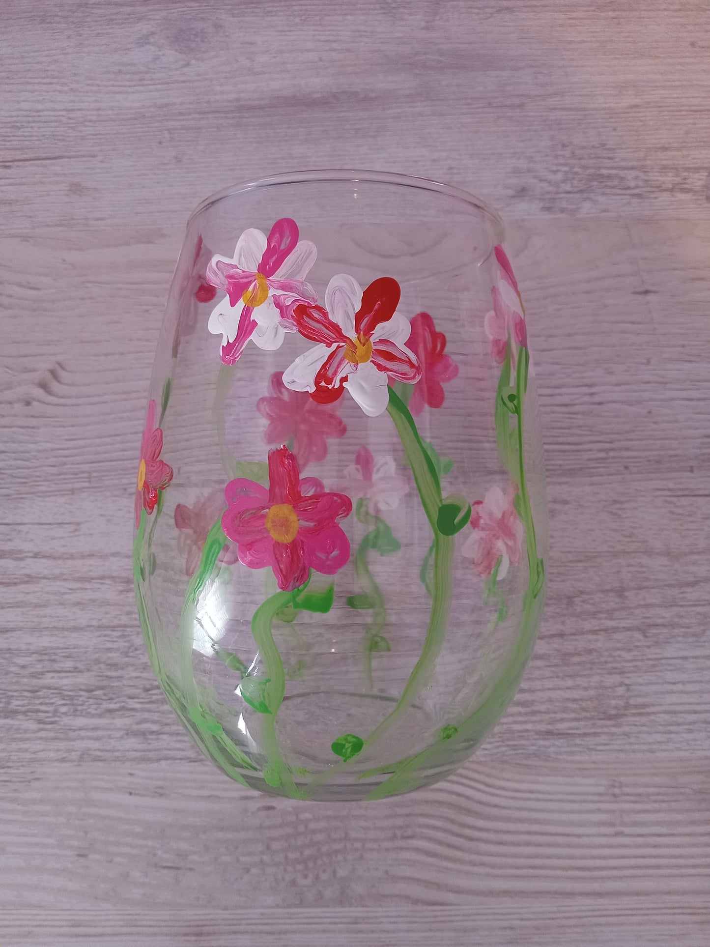 Painted glass cup- Red, Pink, and White Flower themed