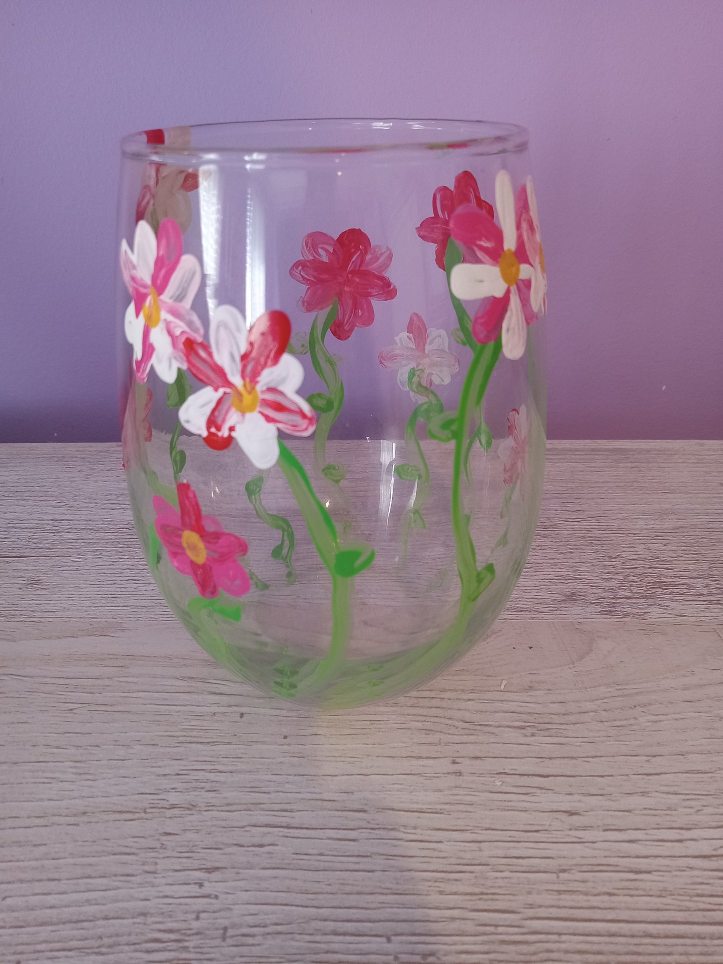 Painted glass cup- Red, Pink, and White Flower themed